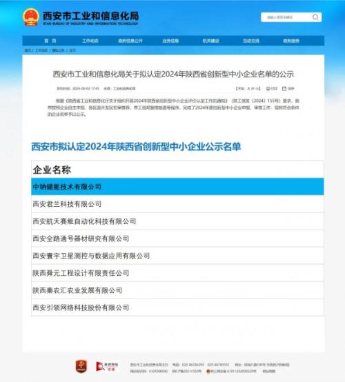 中鈉儲能獲批2024年陜西省創(chuàng)新型中小企業(yè)稱號